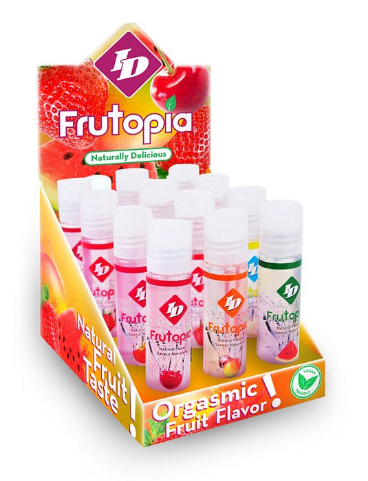 ID Frutopia Flavored Lube Display 12 Assorted Bottles showcasing vibrant fruit-flavored lubes on a colorful display.