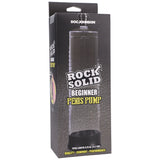 Rock Solid Beginner Penis Pump Black/Clear packaging showcasing vacuum system features and measurements.
