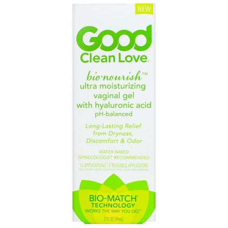 Good Clean Love Bionourish Moisturizer With Hyaluronic Acid 2 Oz packaging, water-based vaginal moisturizer for hydration.