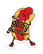 Glizzy Guzzler Hotdog Funny Vinyl Sticker with cheerful hotdog character, showcasing humor and love for hotdogs.