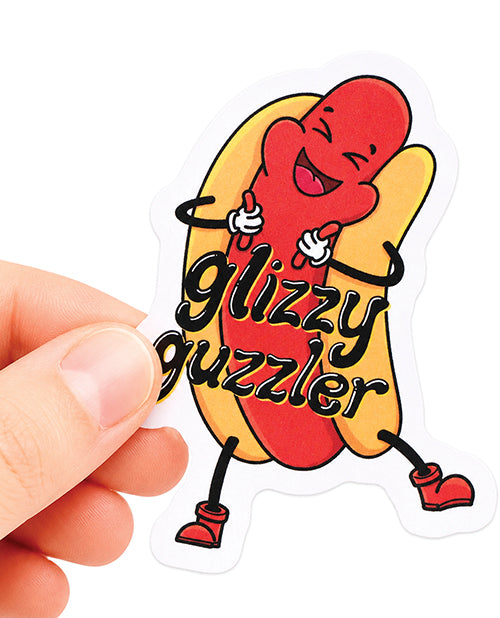 Glizzy Guzzler Hotdog Funny Vinyl Sticker held by a hand, showcasing its bold and humorous design.