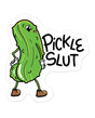 Pickle Slut Funny Vinyl Sticker featuring a cartoon pickle character with a playful design.
