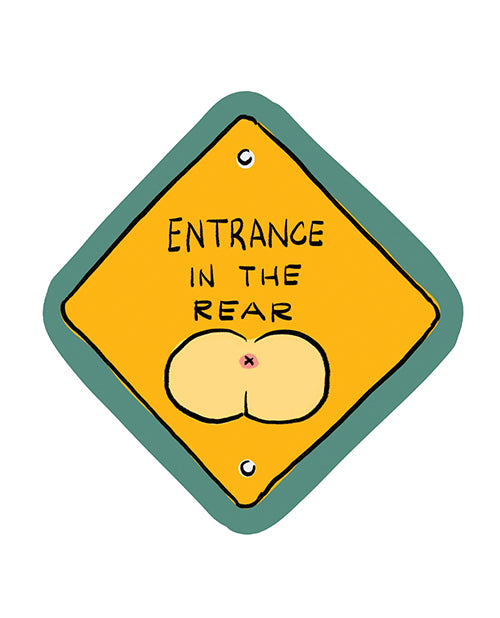 Entrance In The Rear Funny Vinyl Sticker featuring playful design and cheeky humor on a yellow background.