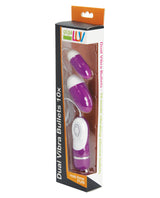 GigaLuv Dual Vibra Bullets 10 Functions Vibrator Purple in packaging, showcasing its sleek design and vibrant colors.