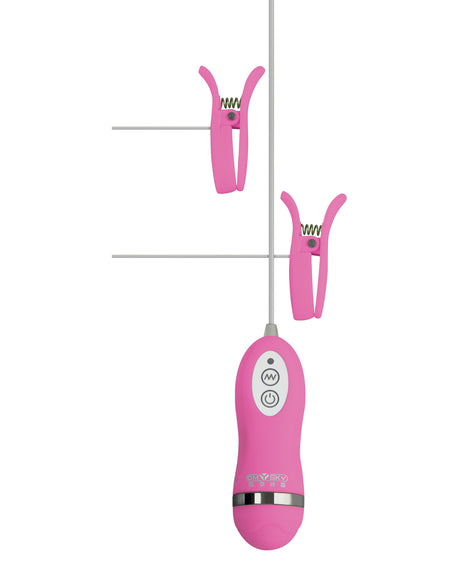 GigaLuv Vibro Clamps 10 Functions Pink showcasing pink clamps and a remote control for customizable stimulation.