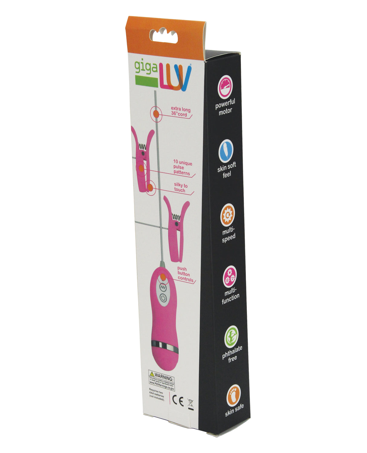 GigaLuv Vibro Clamps 10 Functions Pink packaging showing product features and design details.