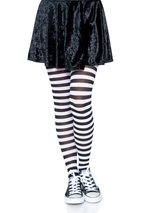 Leg Avenue Nylon Striped Tights Black White OS worn with a black skirt and sneakers, showcasing stylish black and white stripes.