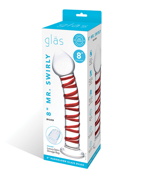Glas 8 inch Mr Swirly Glass Dildo Red in packaging with spiral design and satin storage bag.