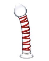Glas 8 inch Mr Swirly Glass Dildo Red featuring a spiral ridge design for enhanced pleasure and G-spot stimulation.