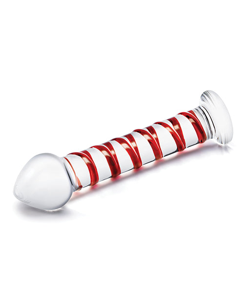 Glas 8 inch Mr Swirly Glass Dildo Red with spiral design and tapered tip for targeted pleasure.