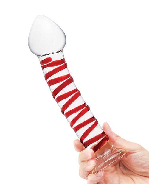 Glas 8 inch Mr Swirly Glass Dildo Red held in a hand, featuring a smooth design with a red spiral for texture.