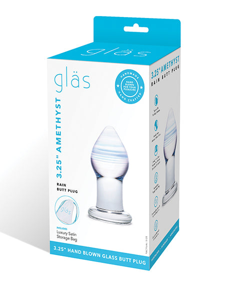 Glas Amethyst Rain Beaded Glass Butt Plug packaging showcasing handmade design and included satin storage bag.