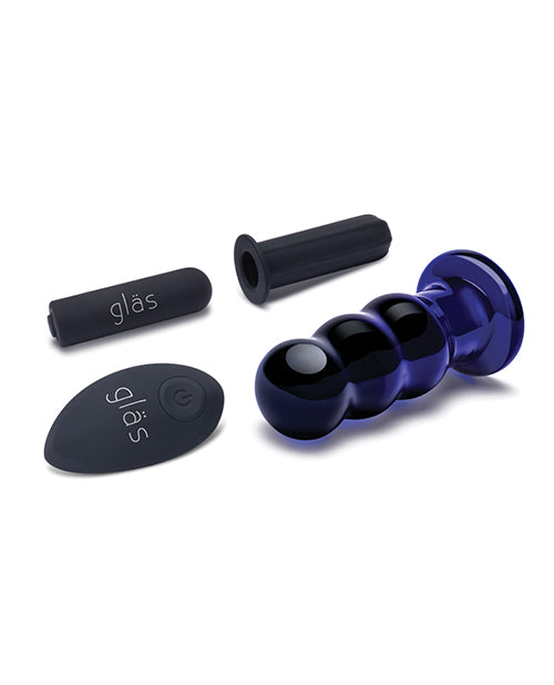 Glas 3.5 Inch Vibrating Beaded Butt Plug Blue disassembled with removable bullet and control.