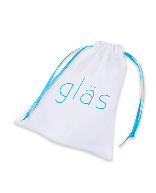 Glas branded white storage bag with blue drawstrings for adult toys.