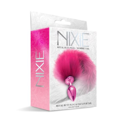 Nixie Metal Butt Plug with Ombre Tail Pink Medium packaging features a pink ombre faux fur tail.
