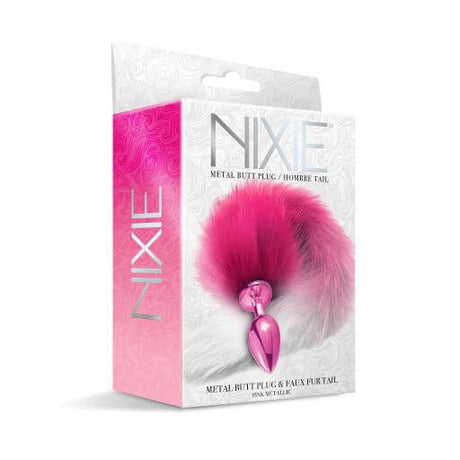 Nixie Metal Butt Plug with Ombre Tail Pink Medium packaging features a pink ombre faux fur tail.