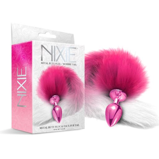 Nixie Metal Butt Plug with Ombre Tail Pink Medium displayed in packaging with pink and white fur tail.