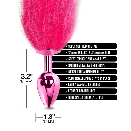 Nixie Metal Butt Plug with Ombre Tail Pink Medium showcasing the smooth tapered design and fluffy tail.
