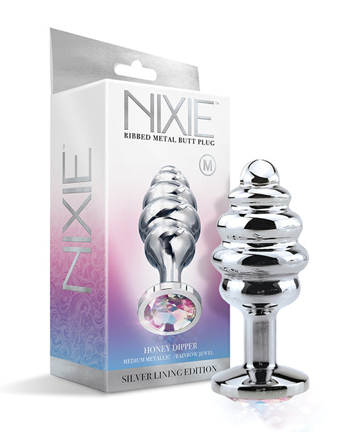 Nixie Honey Dipper Medium Ribbed Stainless Steel Plug with jewel finish in Silver Lining Edition packaging.