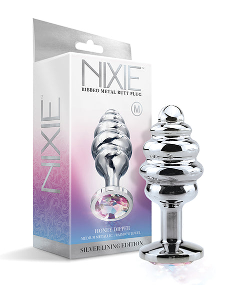 Nixie Honey Dipper Medium Ribbed Stainless Steel Plug with jewel finish in Silver Lining Edition packaging.