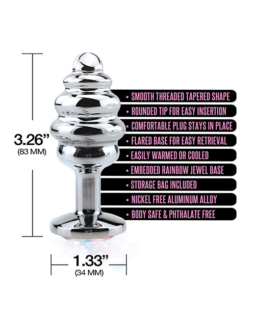 Nixie Honey Dipper Medium Ribbed Stainless Steel Plug features smooth tapered shape and jewel finish for comfort.