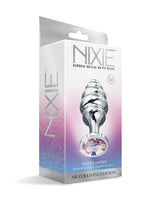 Nixie Honey Dipper Medium Ribbed Stainless Steel Plug packaging featuring a shimmering jewel in the Silver Lining Edition.