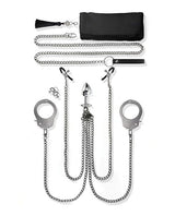 Nixie Interchangeable 8 Piece Bondage Kit Silver featuring cuffs and chains in polished silver.