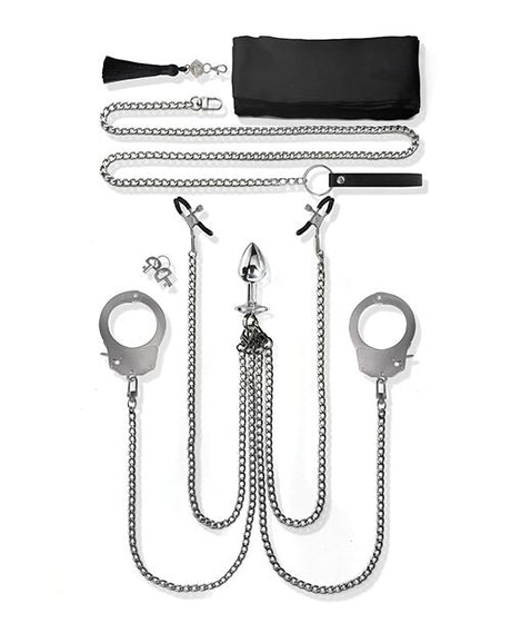 Nixie Interchangeable 8 Piece Bondage Kit Silver featuring cuffs and chains in polished silver.