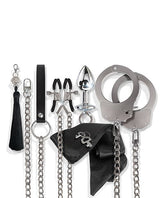 Nixie Interchangeable 8 Piece Bondage Kit Silver accessories including cuffs, chains, and teasing elements.