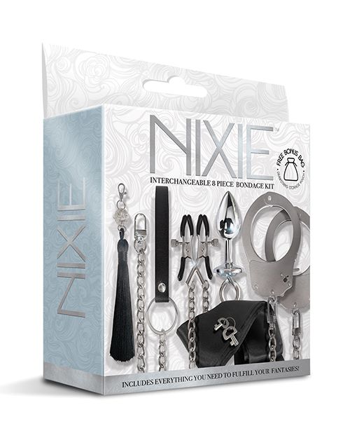 Nixie Interchangeable 8 Piece Bondage Kit Silver packaging showcasing all components for restraint and power play.