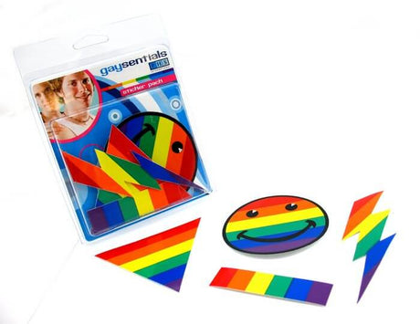 Gaysentials Pride Goods Rainbow Sticker Pack B featuring vibrant rainbow stickers and packaging.
