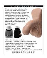 Gender X 4 inch Silicone Packer Tan displayed with underwear, highlighting its realistic design and soft silicone material.