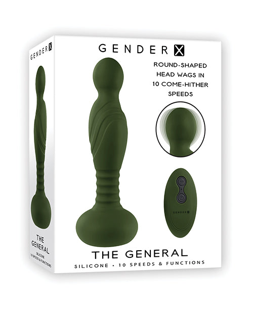 Gender X The General Come Hither Vibrator Green product packaging showcasing round-shaped head and remote control.