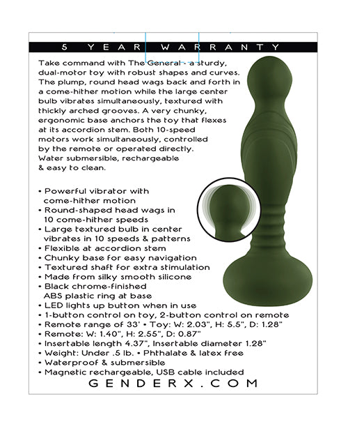 Gender X The General Come Hither Vibrator Green features, including dual-motor and come-hither motion.