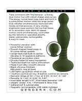 Gender X The General Come Hither Vibrator Green features, including dual-motor and come-hither motion.