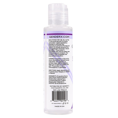 Gender X Sili-Water Hybrid Lubricant 4 Oz bottle back with usage instructions and ingredients