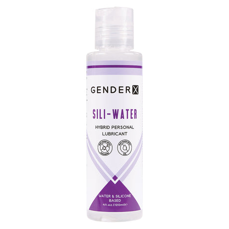 Gender X Sili-Water Hybrid Lubricant 4 Oz bottle, showcasing innovative water and silicone-based formula.