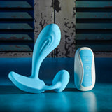 Gender X Wear Me Out Wearable Dual Vibrator Blue with remote control, showcasing its unique design and features.