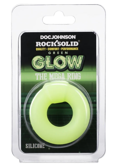Rock Solid Mega Ring Glow in the Dark Cock Ring Green in packaging, showcasing its glow effect and silicone material.