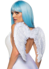 Leg Avenue Marabou Trimmed Feather Wings White worn by model with blue hair, showcasing a heavenly costume accessory.