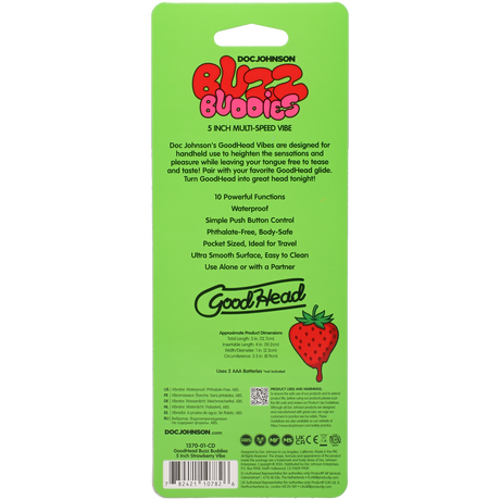Goodhead Buzz Buddies 5 Inch Multi-Speed Vibe Strawberries packaging with features and usage instructions.