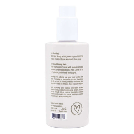 Coochy Shave Cream Au Natural 8 Oz bottle with instructions for shaving and conditioning hair on the back.