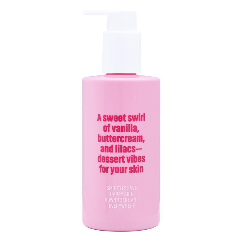 Coochy Shave Cream Frosted Cake 8 Oz pink bottle with text describing sweet vanilla, buttercream aroma.