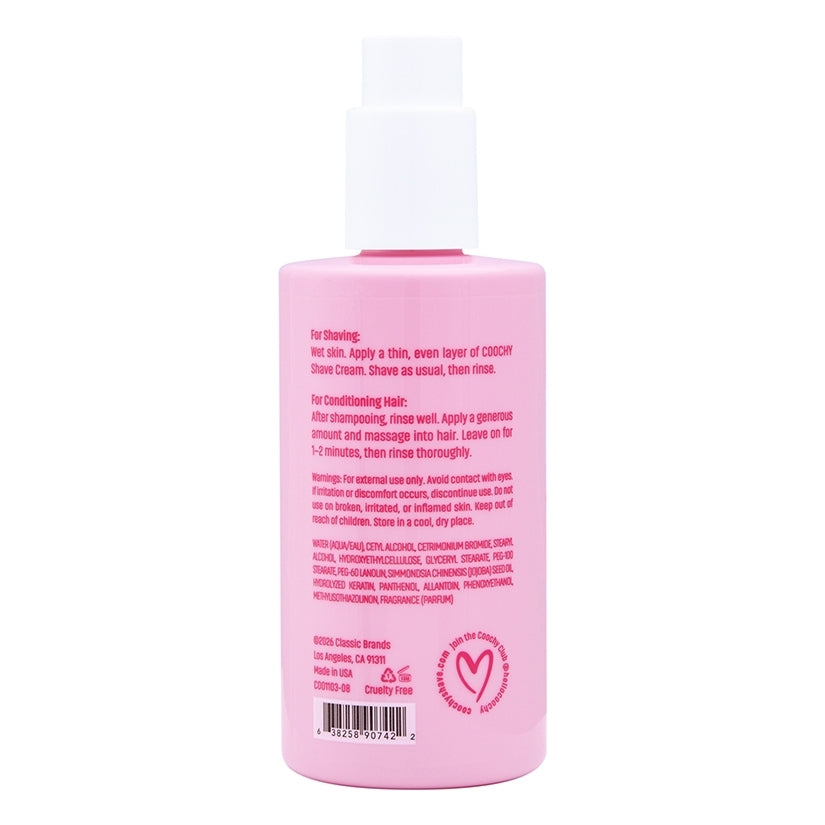 Coochy Shave Cream Frosted Cake 8 Oz bottle with instructions for shaving and conditioning hair.