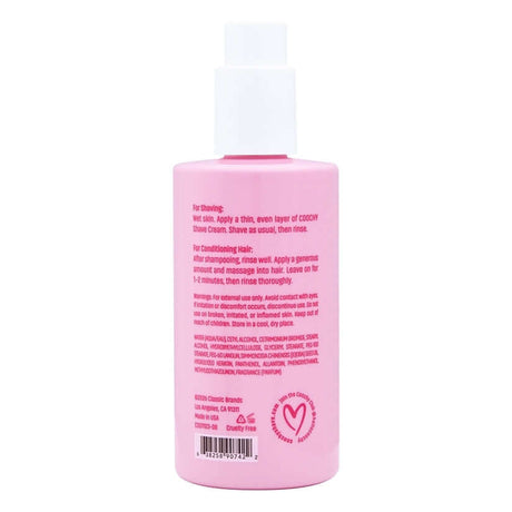 Coochy Shave Cream Frosted Cake 8 Oz bottle with instructions for shaving and conditioning hair.