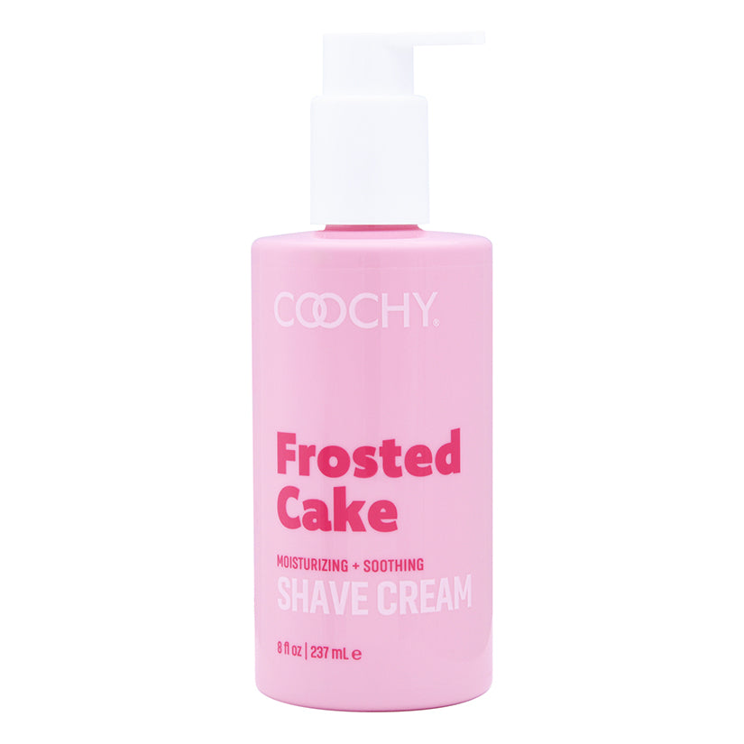 Coochy Shave Cream Frosted Cake 8 Oz bottle displaying moisturizing and soothing shave cream for a close shave.