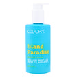 Coochy Shave Cream Island Paradise 8 Oz in a turquoise bottle with a pump for soothing shaving.
