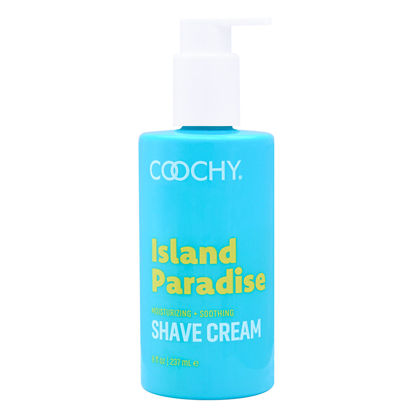 Coochy Shave Cream Island Paradise 8 Oz in a turquoise bottle with a pump for soothing shaving.