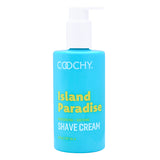 Coochy Shave Cream Island Paradise 8 Oz in a turquoise bottle with a pump for soothing shaving.