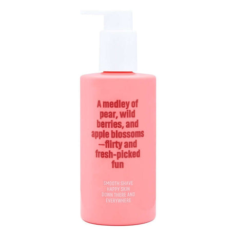 Coochy Shave Cream Pear Berry 8 Oz in a pink bottle with a pump, featuring a fruity blend of pear and wild berries.